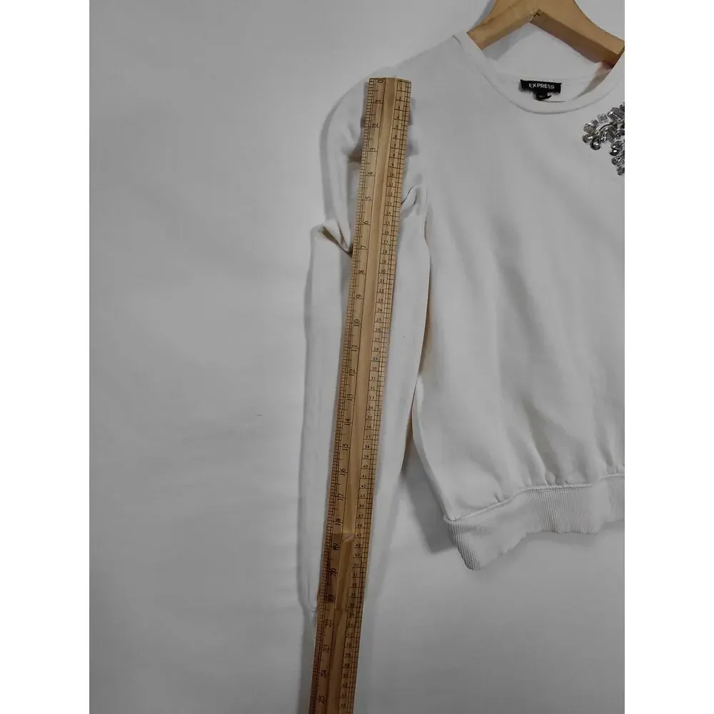Express Puff Sleeve Rhinestone Beaded Shoulder Knit Sweater Women Size S